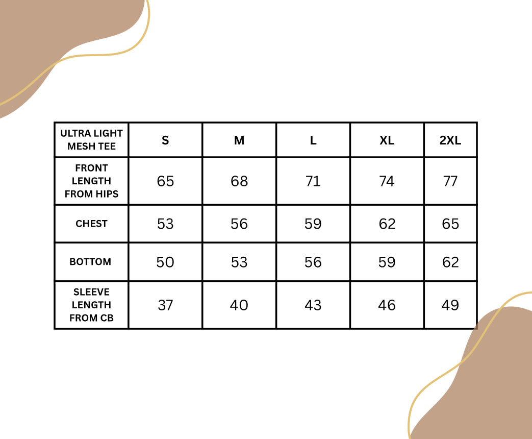 ULTRALIGHT MESH TEE Size Chart