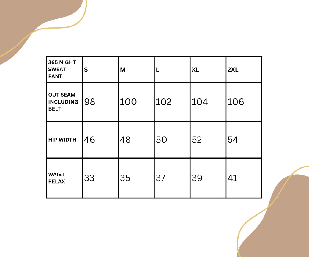 365 NIGHT SWEATPANTS Size Chart