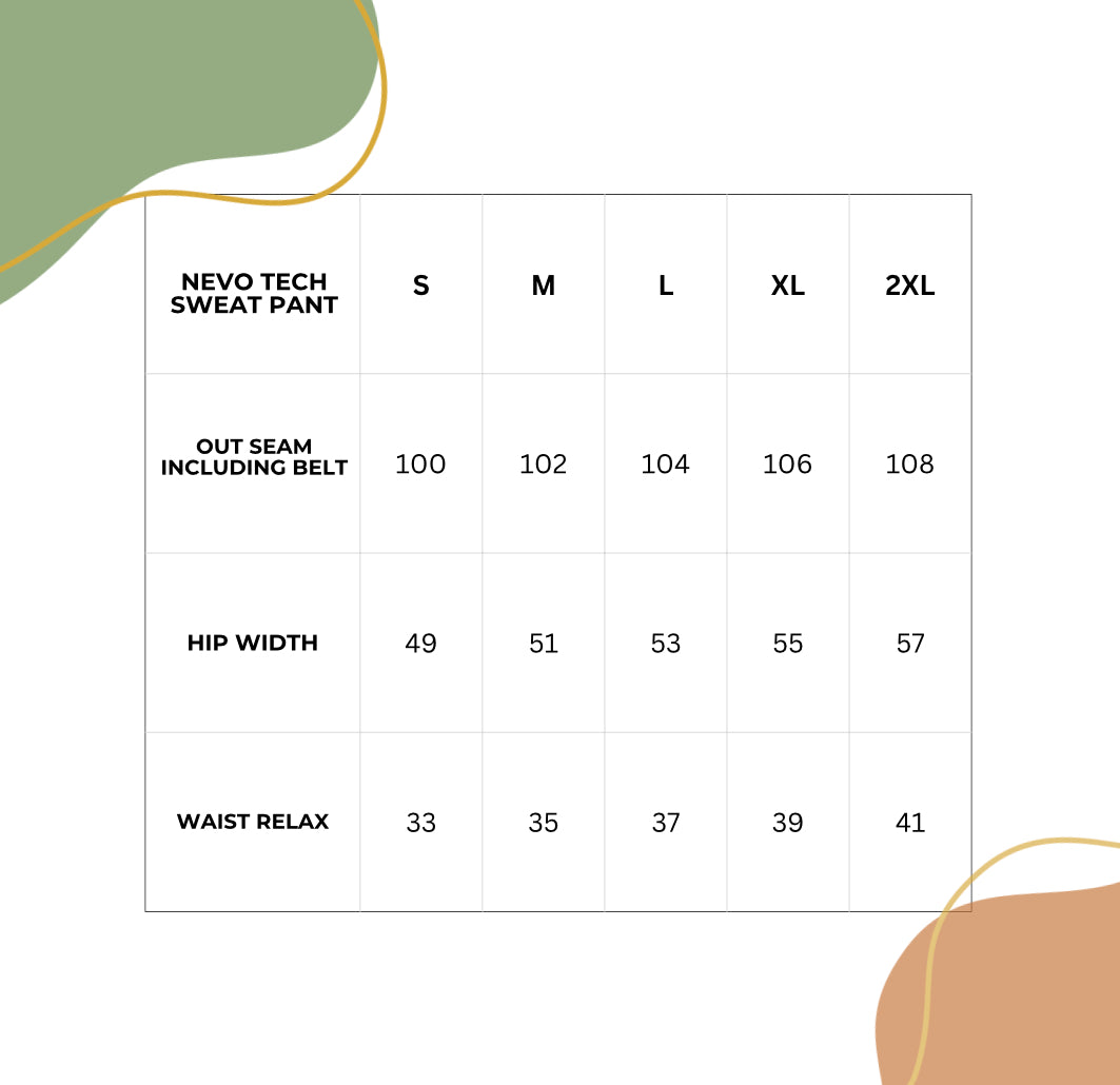 NEVO TECH SWEATPANTS Size Chart