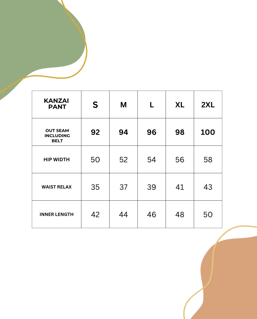 KANZAI PANT Size Chart